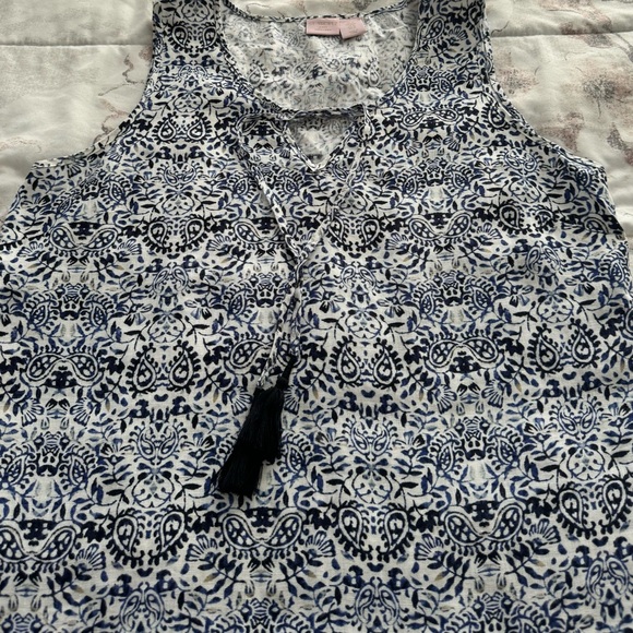 St. Tropez West 100% linen parsley print navy blue white dress, size M boho - Picture 9 of 16